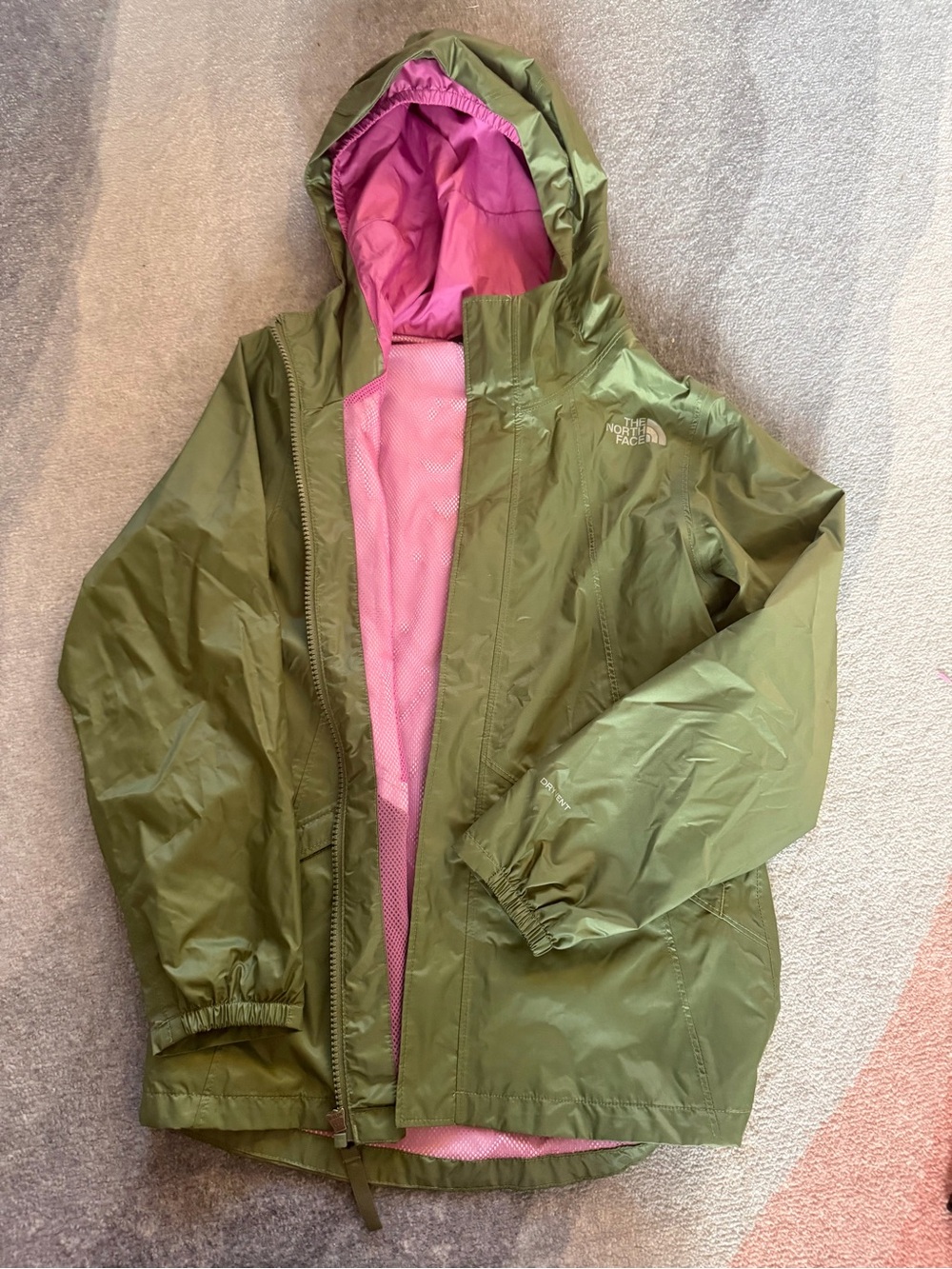 The North Face Olive Green Kids' Raincoat with Pink Lining - Picture 2 of 10